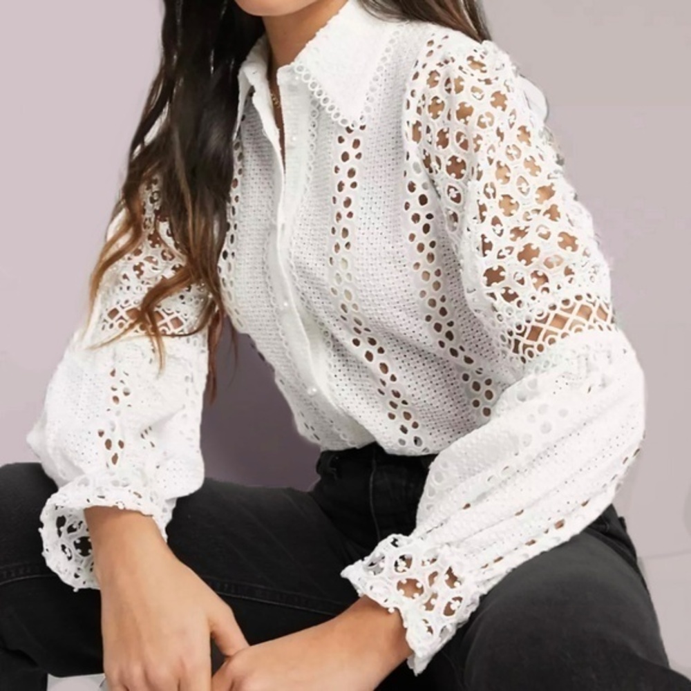 River Island White Eyelet Lace Button-Down Blouse